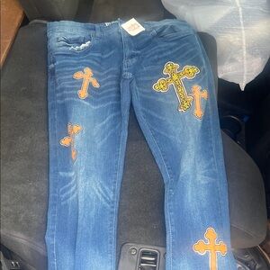 Trendy Blue Jeans with Cross Accents